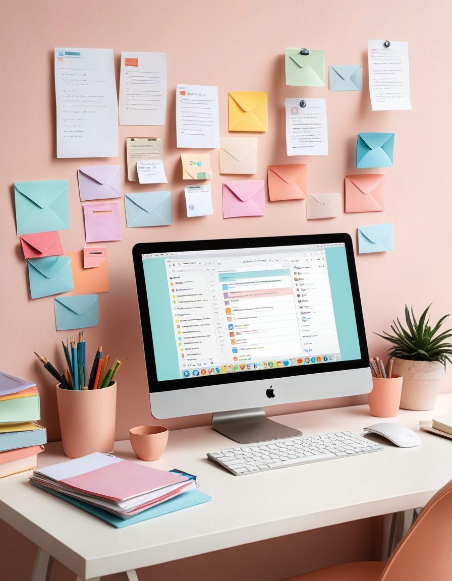 A cluttered inbox overflowing with various emails, combined with hands deftly organizing and unsubscribing, symbolizing mastery over chaos. A bright and inviting workspace is in the background, emphasizing order and clarity. Include elements like a digital checklist and spam filters to enhance the theme of effective inbox management. soft pastel colors. minimalistic style.