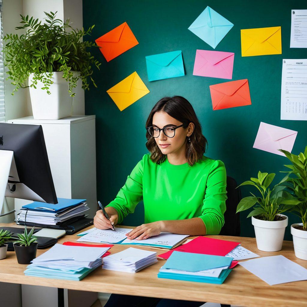 A digital inbox overflowing with colorful envelopes representing various subscriptions, alongside a spam folder bursting with cartoonish spam letters. In the foreground, a confident person sitting at a desk, using a laptop to organize their inbox. The background features a serene workspace with plants, bright ambient lighting, and motivational posters about productivity. The overall atmosphere conveys empowerment and organization. vibrant colors. vector art.